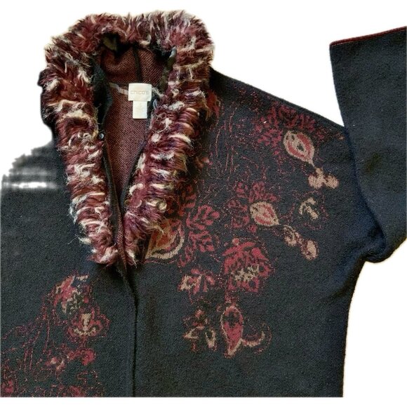 CHICO'S Sequin Beaded Cardigan Sweater Sz 3 (XL) Black/Red 3/4 Sleeve Faux Fur - Picture 5 of 16